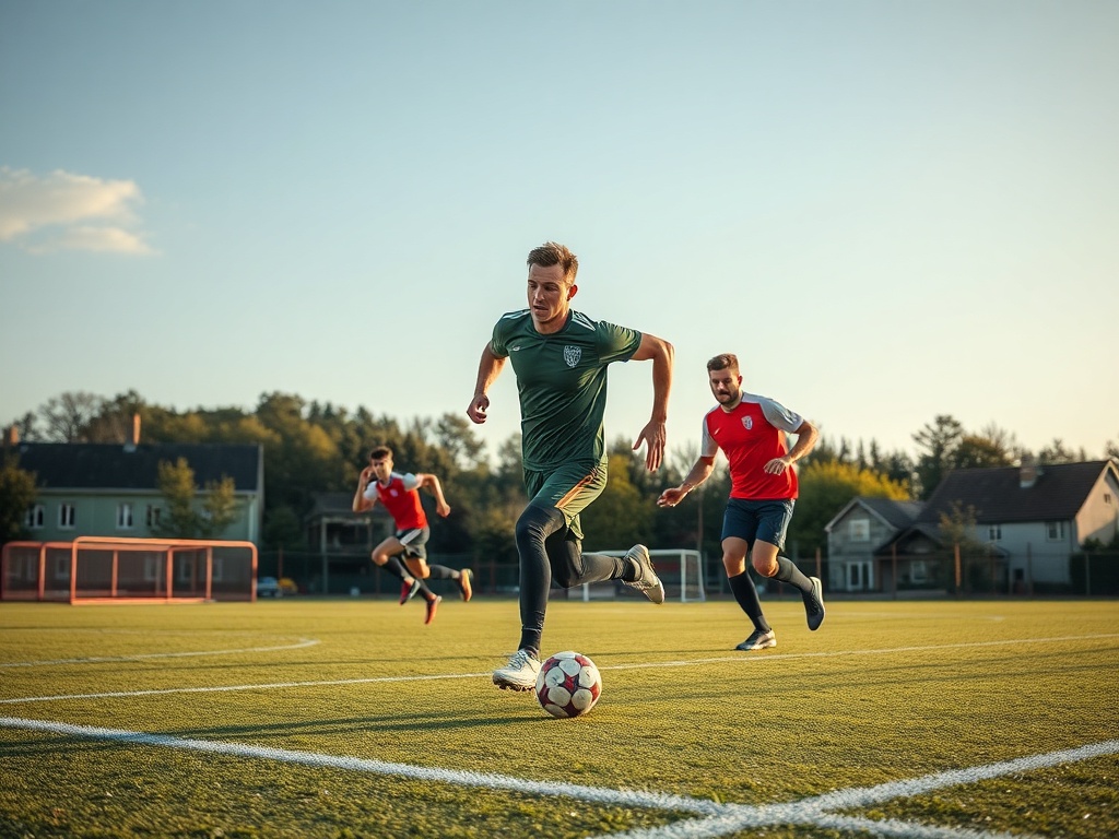 Piłkarze grający w meczu piłki nożnej podczas weekendowych rozgrywek w Raciborzu