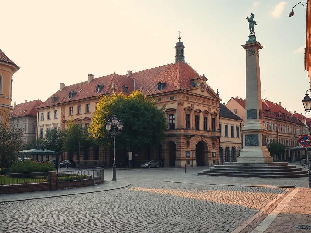 Widok na Racibórz w latach 70. XX wieku, ukazujący charakterystyczną architekturę i infrastrukturę miejską.