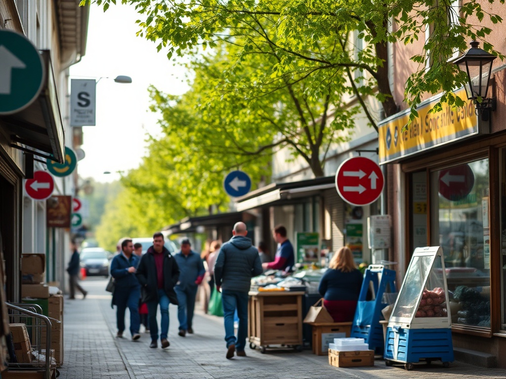 Mapa powiatu raciborskiego z ikoną wzrostu symbolizującą stabilny rynek pracy i spadające bezrobocie.